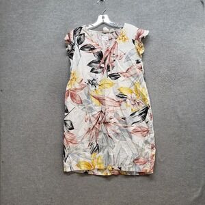 C&C California Women Dress Medium White‎ Floral Linen Ruffle Sleeve Tropical